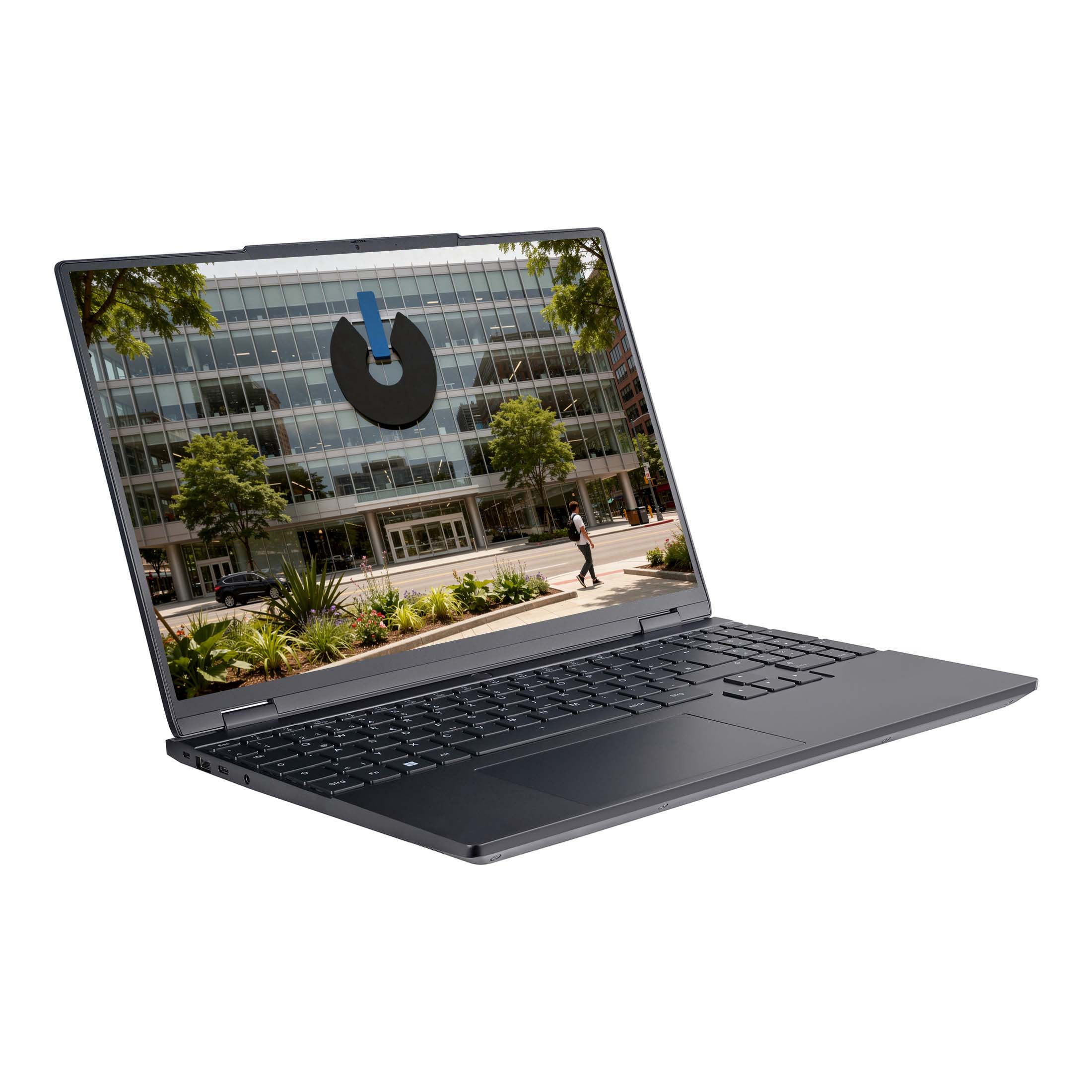 Ein grauer Laptop zeigt ein städtisches Gebäude mit einem Energiesymbol auf dem Bildschirm vor weißem Hintergrund.