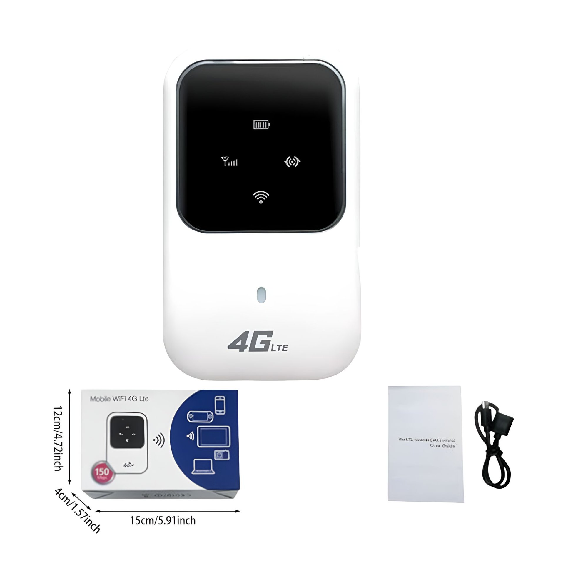 Ein weißer 4G-LTE-WLAN-Router mit Box, Bedienungsanleitung und Ladekabel auf weißem Hintergrund.