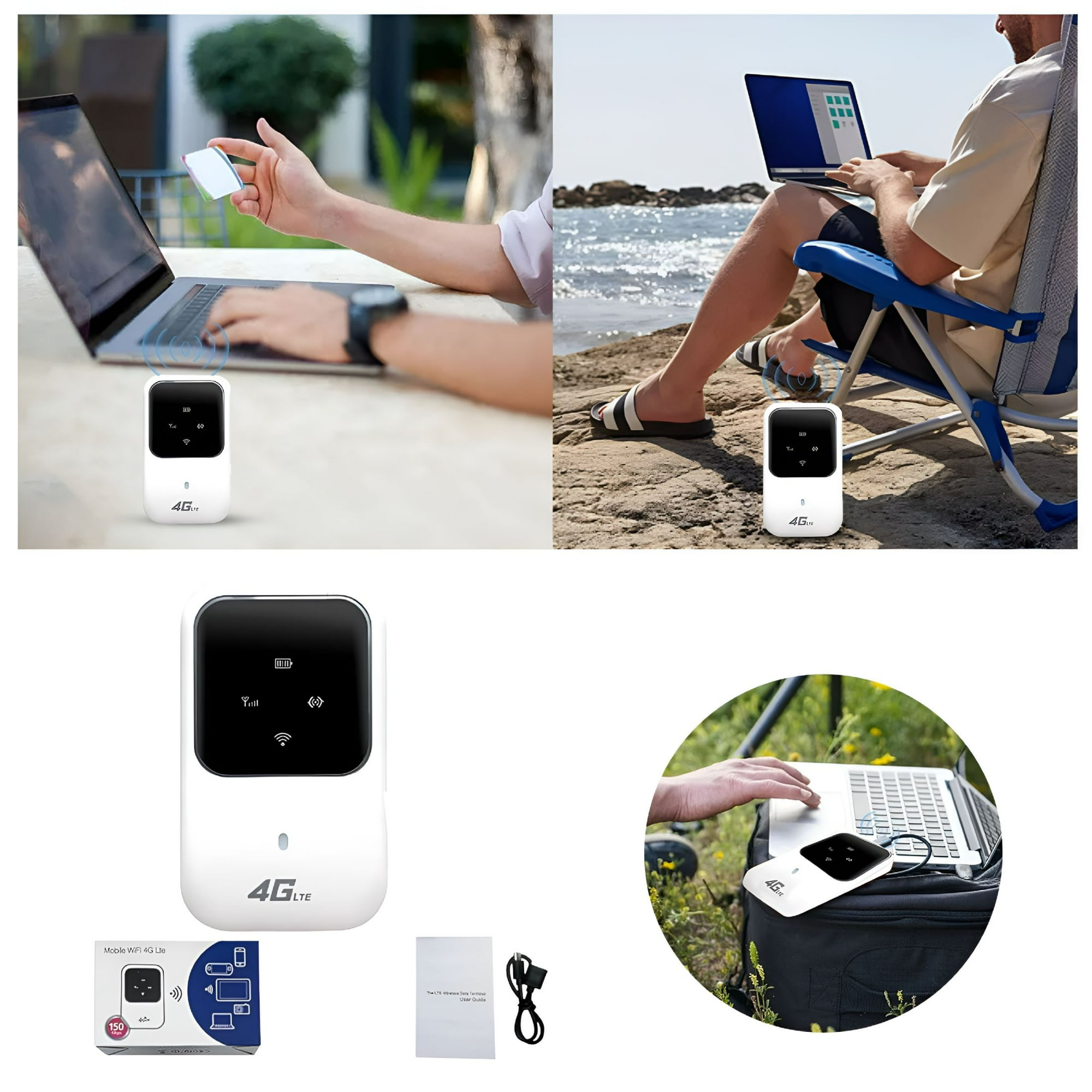 Ein weißer 4G LTE Mobile Wi-Fi Hotspot mit Laptop, Schachtel, Anleitung und Kabel in verschiedenen Außenbereichen.