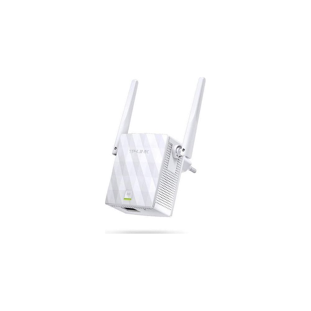 Ein weißer TP-Link WLAN-Verstärker mit zwei Antennen und einem Stecker auf der Rückseite.