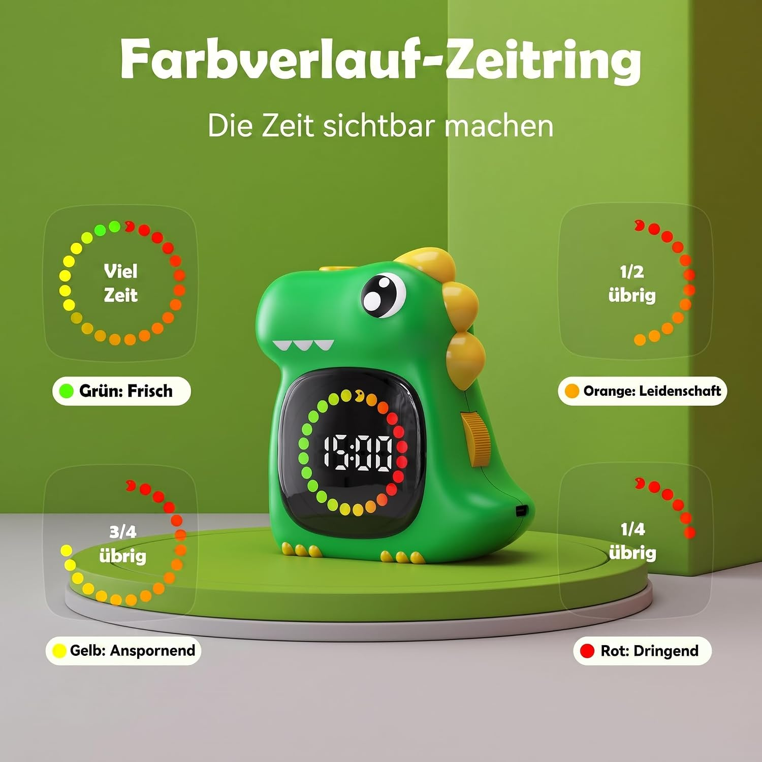 Eine grüne kinderuhr in Dinosaurierform mit Farbverlauf-Zeitring und deutschen Erklärungen vor grünem Hintergrund.