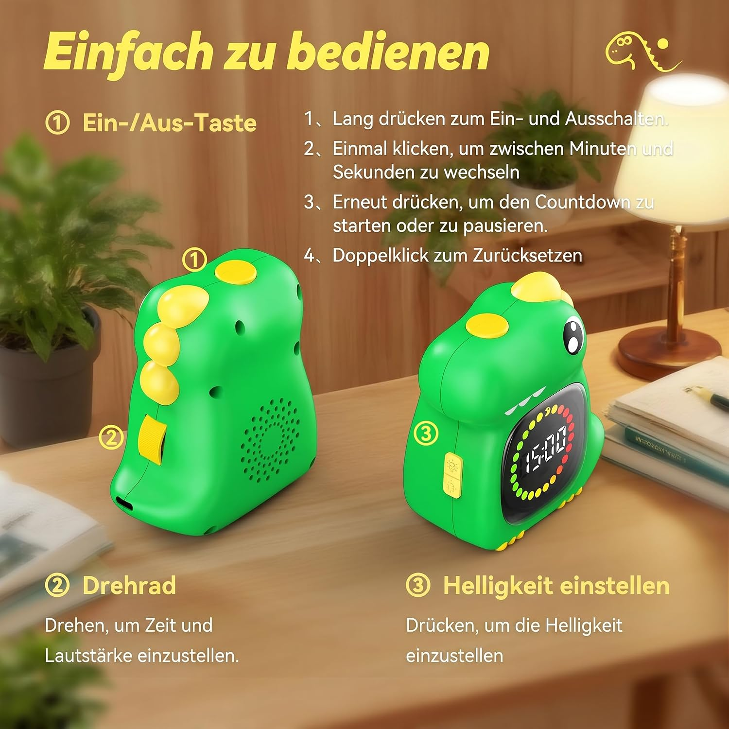 Anleitung zur Bedienung eines grünen Dinosaurier-Weckers mit verschiedenen Tastenfunktionen auf einem Tisch.