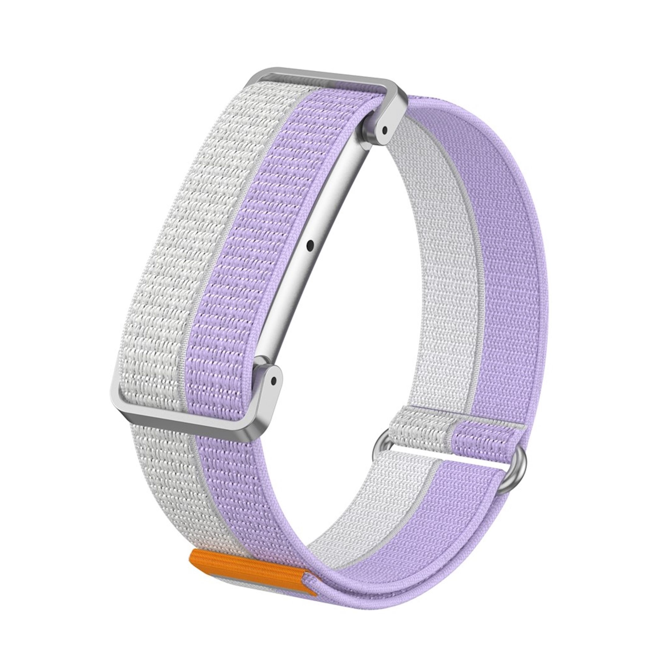 Ein weiß-lilafarbener Nylon-Uhrenarmband mit silbernen Metallschnallen auf einem weißen Hintergrund.