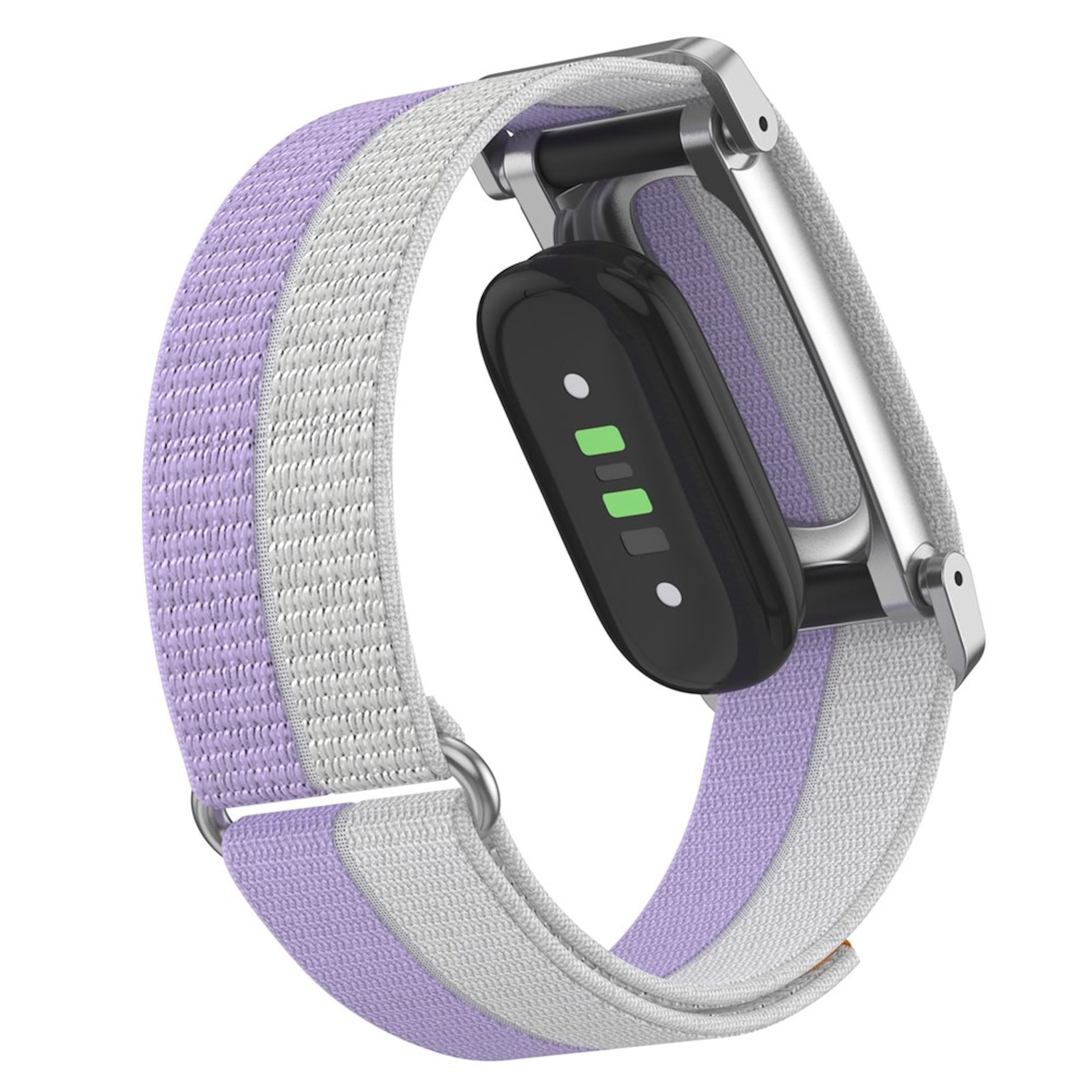 Fitness-Tracker mit lila-weißem Nylonarmband, Rückseite mit Sensoren und silberner Halterung sichtbar.