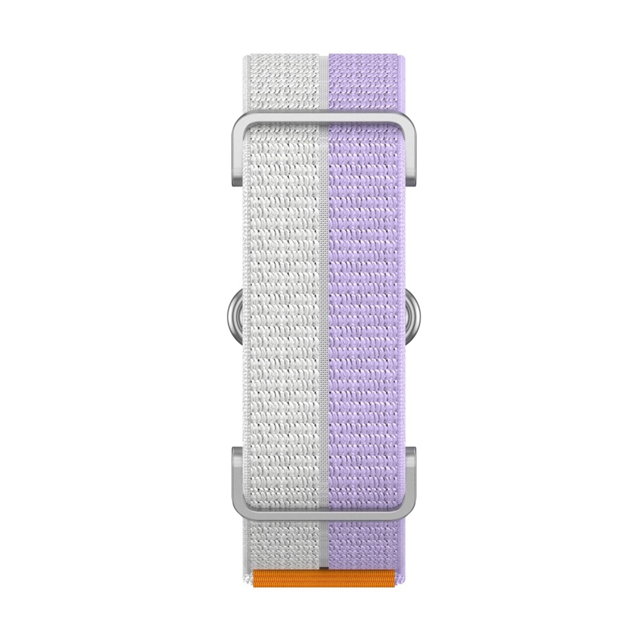 Ein weiß-lila gewebtes Uhrenarmband mit silbernen Schnallen und einem orangefarbenen Ende auf weißem Hintergrund.