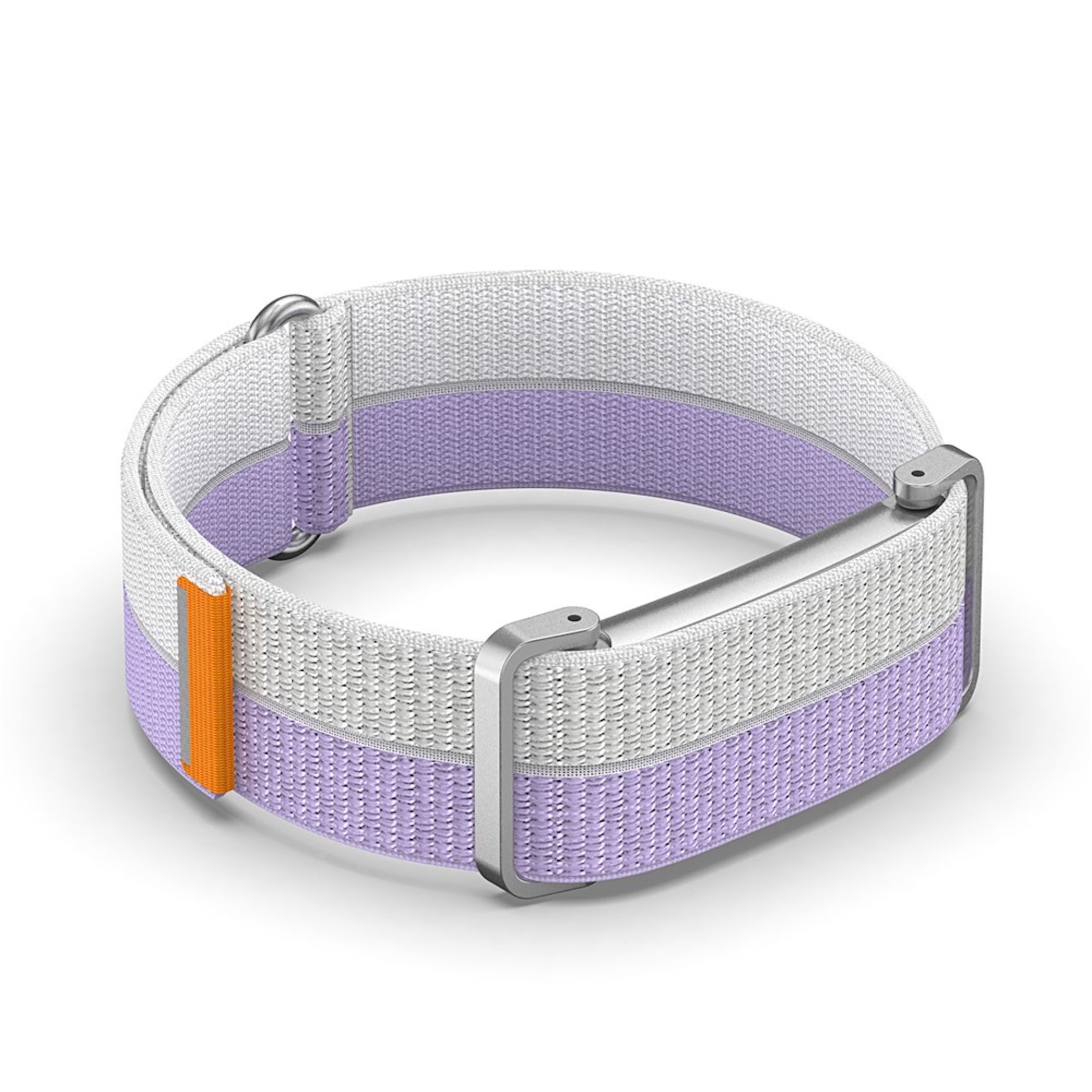 Ein weiß-lila gewebtes Uhrenarmband mit silbernen Metallschnallen und einem orangefarbenen Akzent.