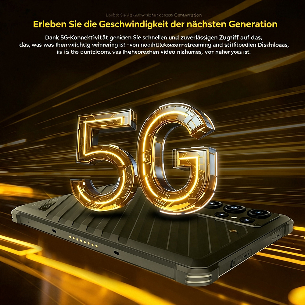 Un logotipo 5G dorado flota sobre un teléfono resistente contra un fondo borroso.