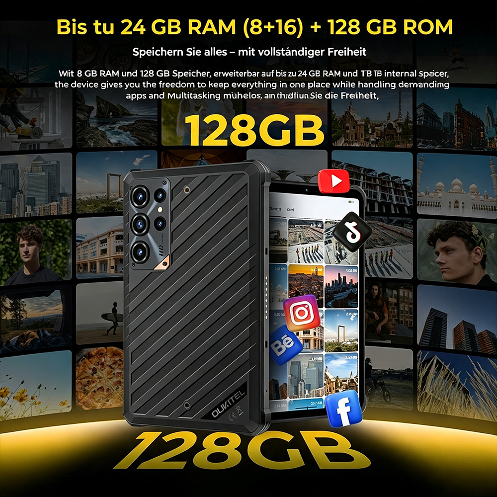 Un smartphone resistente Oukitel con 24 GB de RAM y 128 GB de ROM, rodeado de logotipos de aplicaciones.