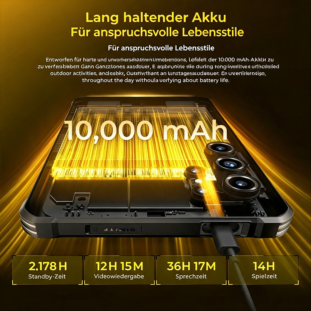 Diagrama de teléfono con batería de 10,000 mAh, cable de carga y estadísticas en amarillo.