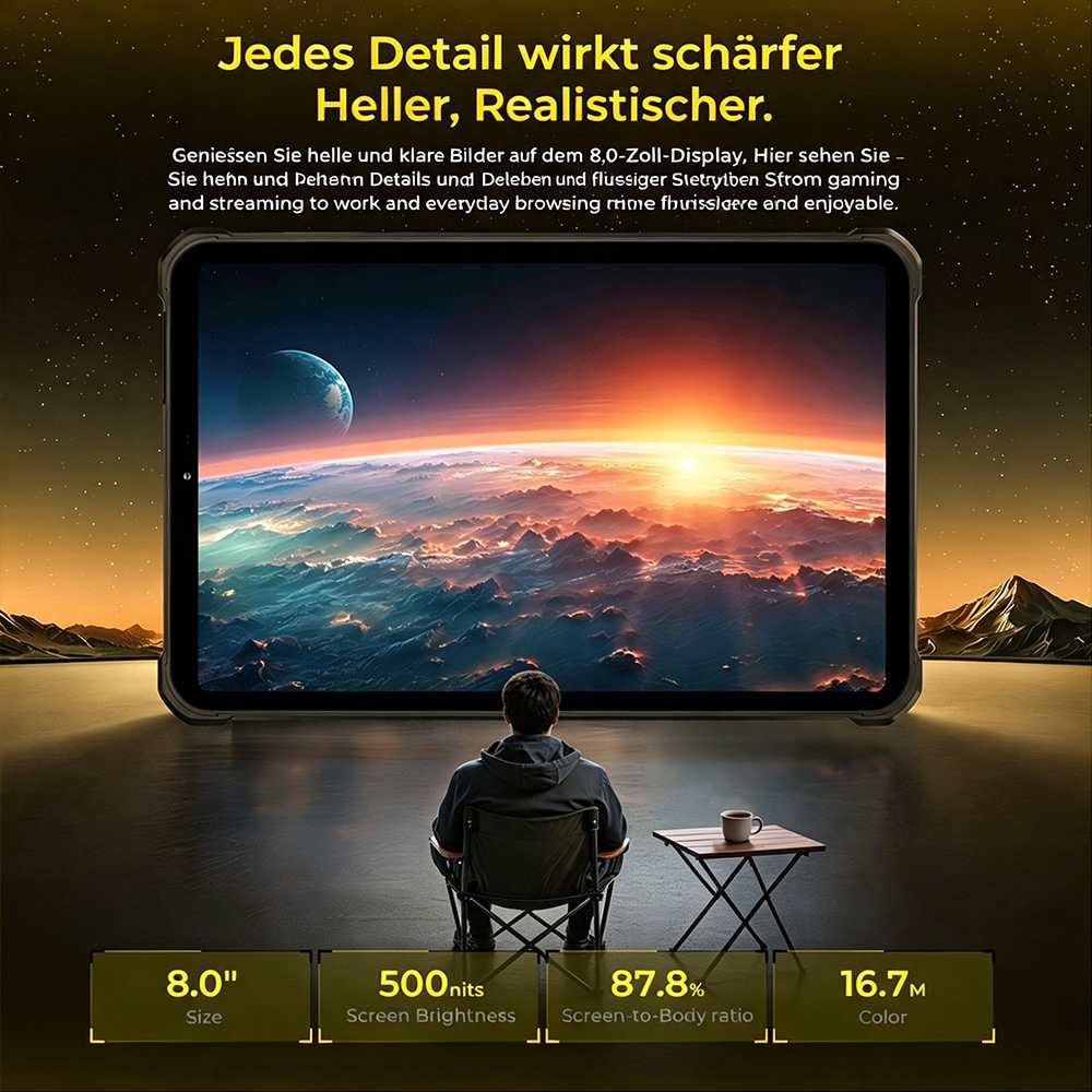 Una persona en una silla mira una tablet grande que muestra un paisaje con montañas.