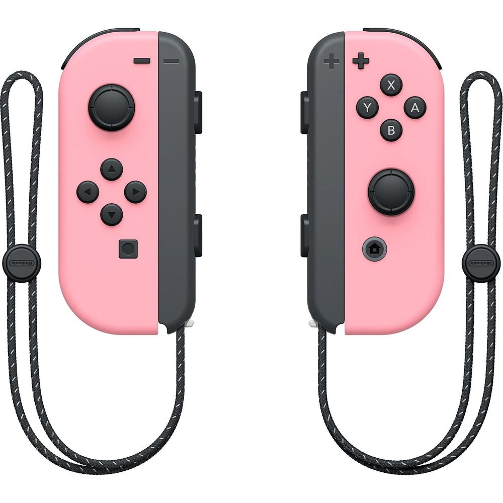 Due controller Joy-Con rosa per Nintendo Switch con cinturini da polso neri su sfondo bianco.