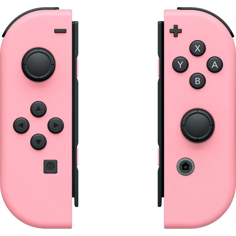 Due controller Joy-Con per Nintendo Switch rosa con pulsanti e joystick neri.