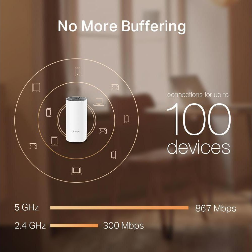 Werbegrafik für einen weißen WLAN-Router mit Infos zu Geschwindigkeit und 100 Geräten.