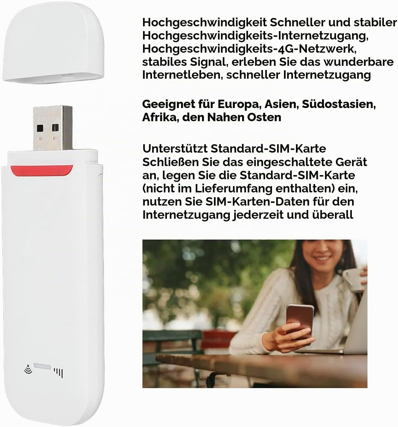 Weißer 4G-USB-Internetstick mit deutscher Produktbeschreibung und einer Frau, die am Laptop arbeitet.