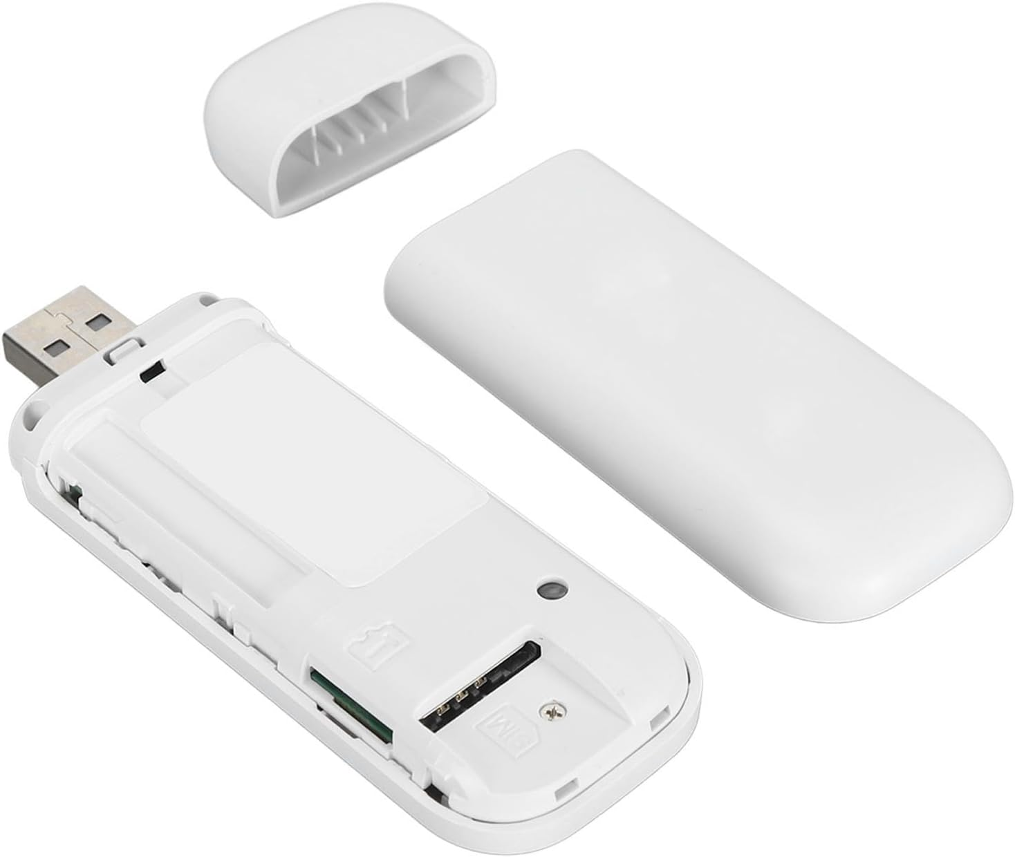 Ein weißes USB-Modem mit abgenommener Abdeckung zeigt den SIM-Kartensteckplatz auf weißem Hintergrund.