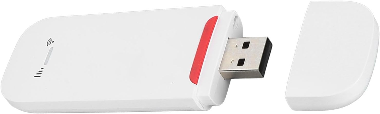 Ein weißer 4G-WLAN-USB-Stick mit sichtbarem USB-Anschluss und abgenommenem Deckel.
