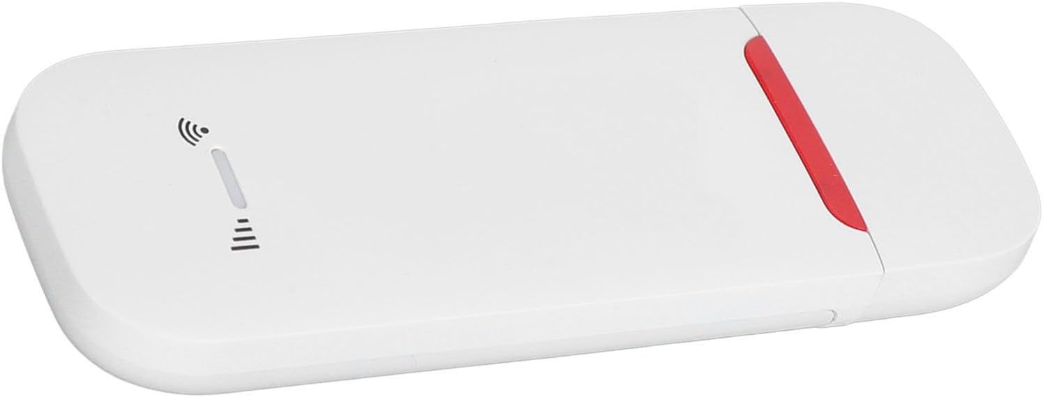 Ein weißer USB-WLAN-Adapter mit abgerundeten Kanten und einem roten Akzentstreifen auf weißem Hintergrund.