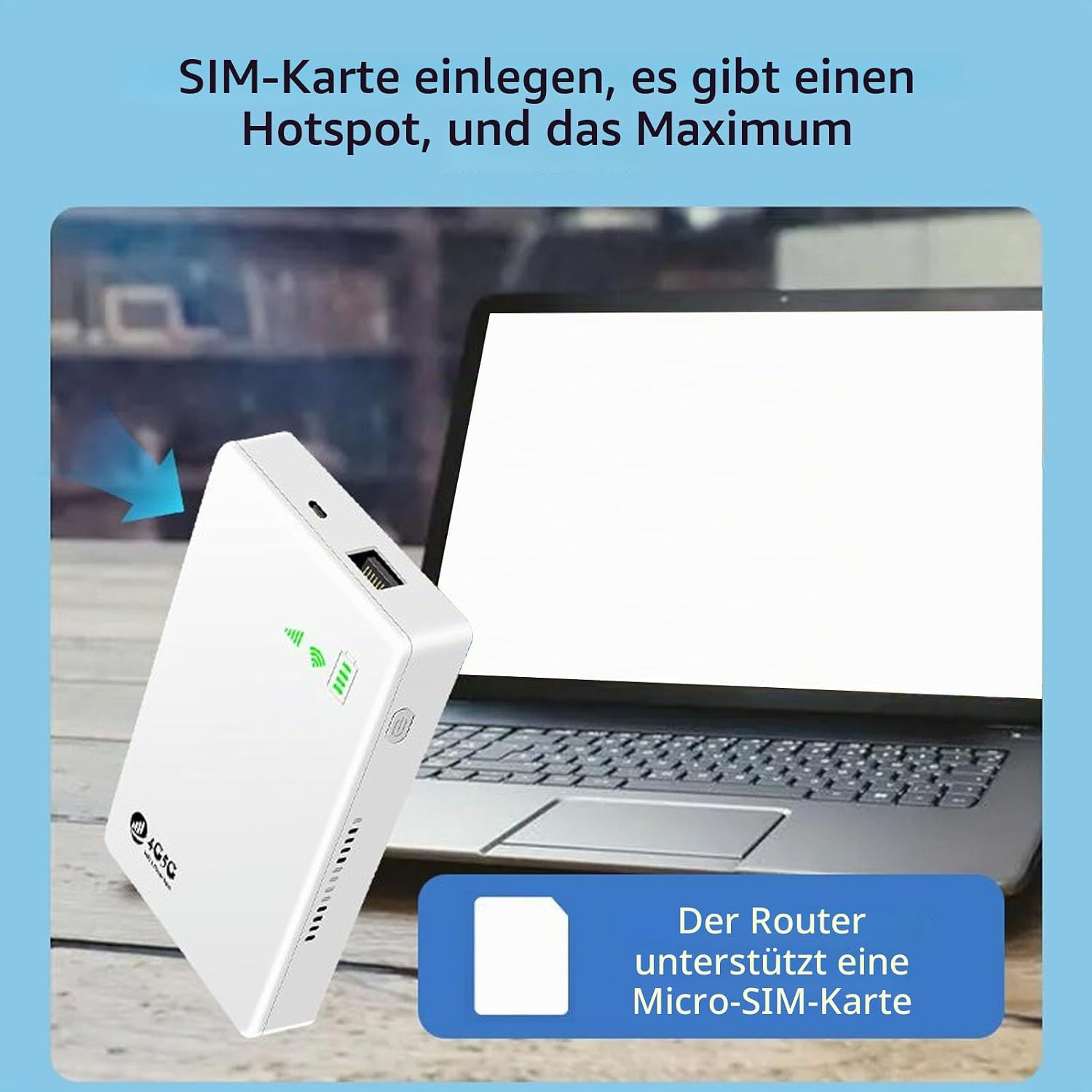 Weißer mobiler 4G/5G-Router mit SIM-Kartensteckplatz vor einem Laptop.