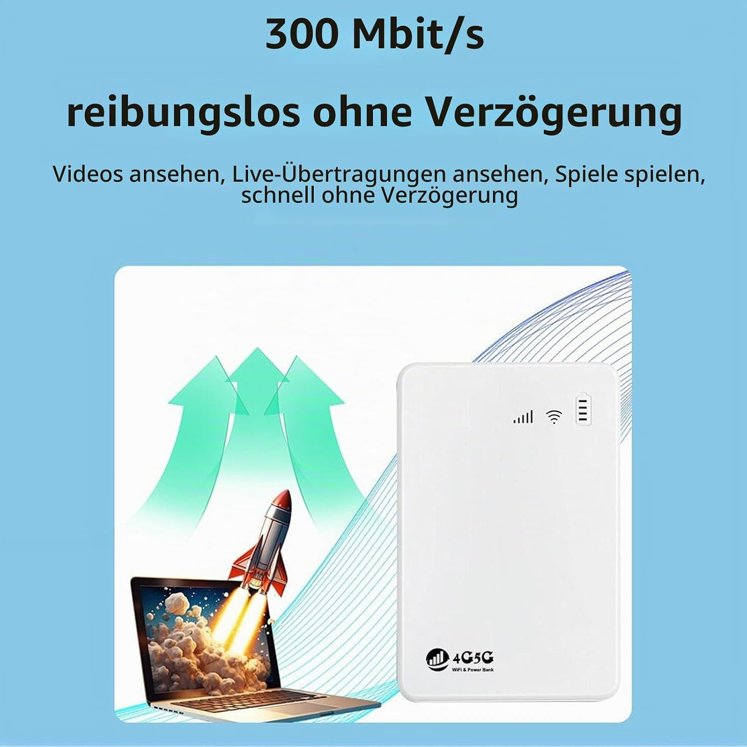 Werbebild für 300 Mbit/s Router mit Laptop, Rakete und grünen Pfeilen auf blauem Hintergrund.
