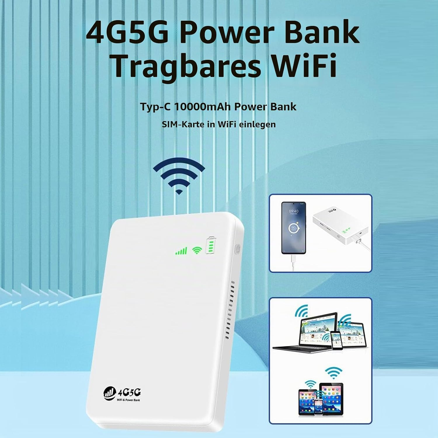 Werbebild für eine weiße 4G 5G Power Bank mit WLAN, Typ-C Anschluss und 10000mAh.