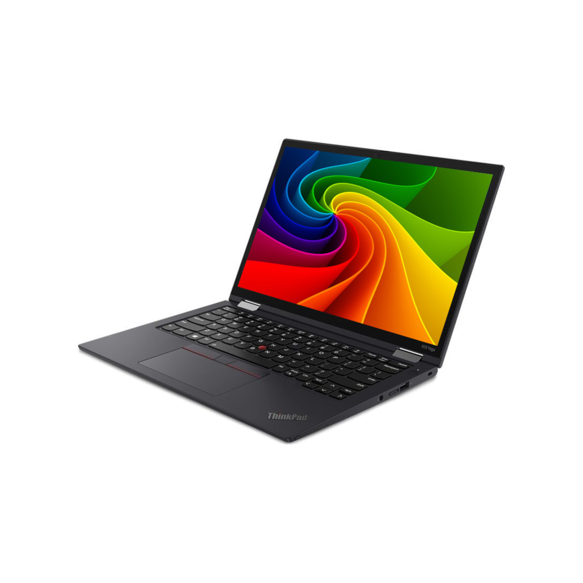 Ein schwarzer Lenovo ThinkPad Laptop mit einem farbenfrohen, spiralartigen Regenbogen-Hintergrund auf dem Bildschirm.