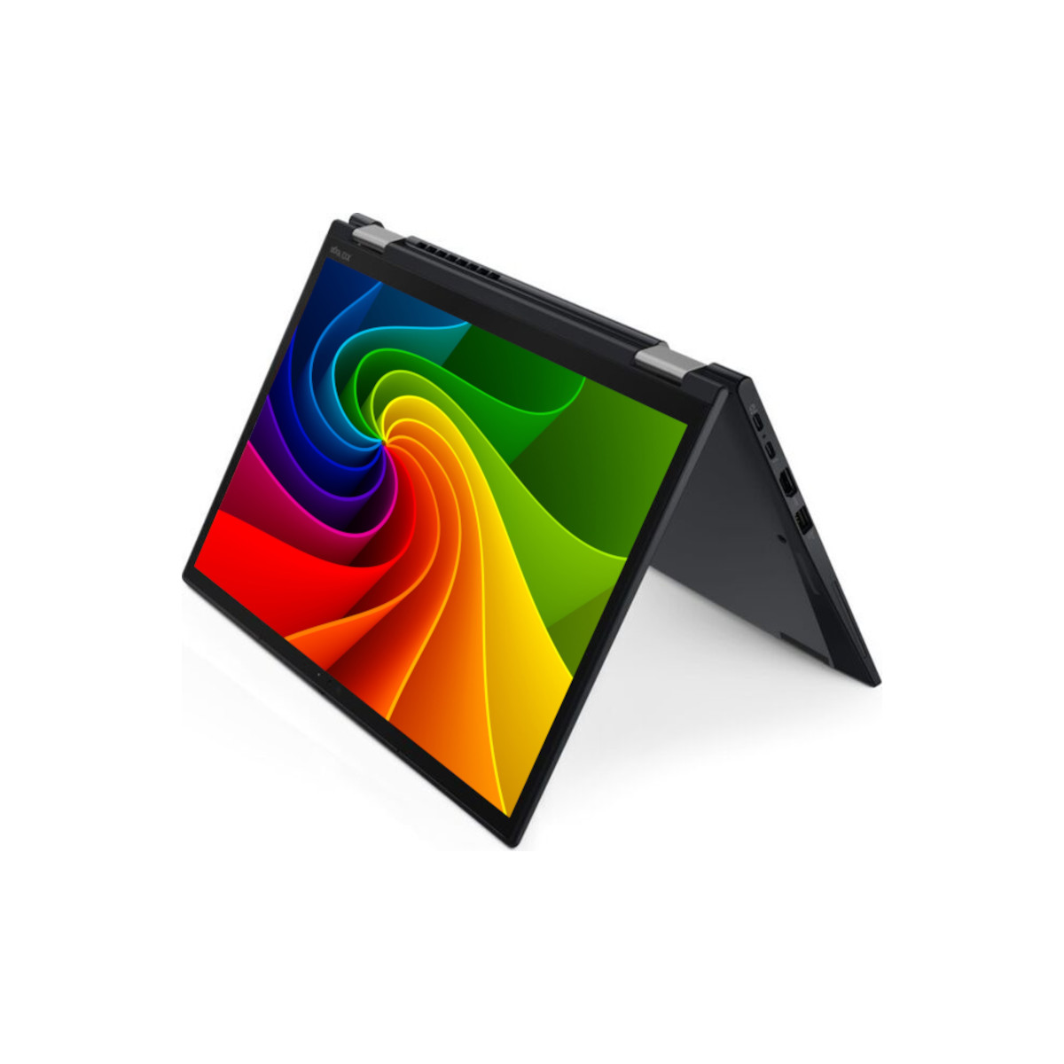 Ein schwarzes Laptop im Zeltmodus mit einem bunten Regenbogen-Wirbel-Hintergrund auf weißem Grund.