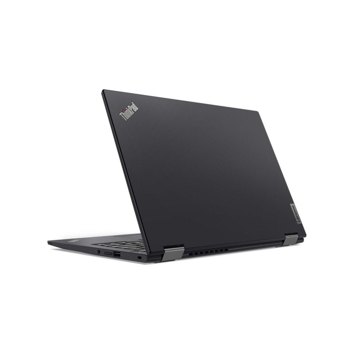 Ein schwarzer ThinkPad-Laptop wird aus der Rückansicht vor einem schlichten weißen Hintergrund gezeigt.