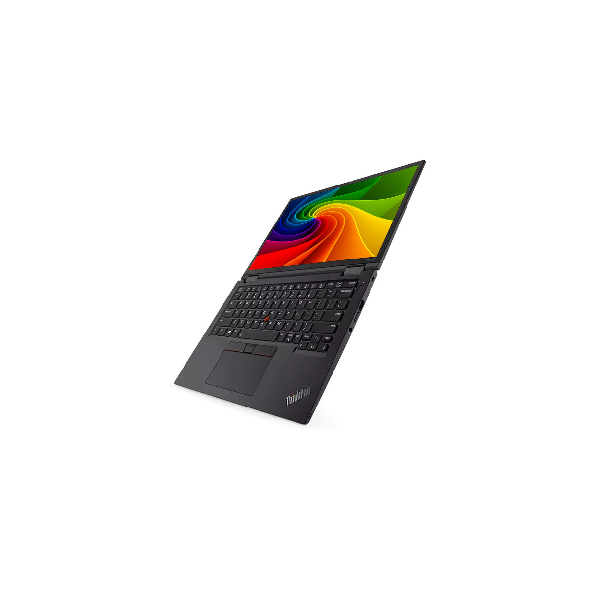 Ein schwarzes ThinkPad-Laptop gegen einen weißen Hintergrund mit einem bunten, spiralförmigen Bildschirmhintergrund.