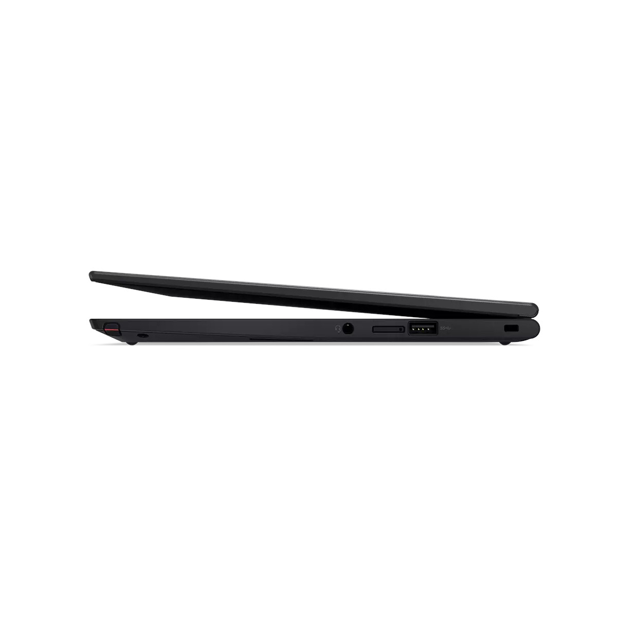Seitenansicht eines geschlossenen schwarzen Laptops mit sichtbaren Anschlüssen und einer leicht geöffneten Abdeckung.