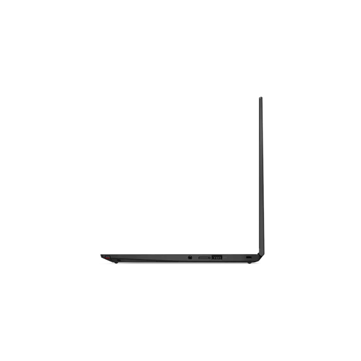 Seitenansicht eines geschlossenen schwarzen Laptops mit sichtbaren Anschlüssen.