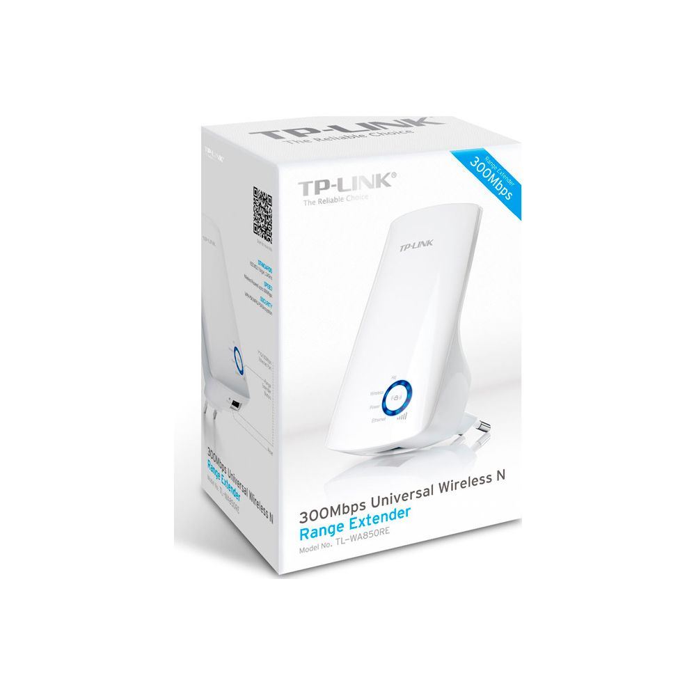 Produktverpackung eines weißen TP-Link 300Mbps Universal Wireless N Range Extenders auf weißem Hintergrund.