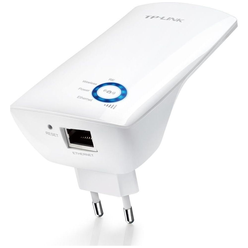 Ein weißer TP-Link WLAN-Verstärker mit einem blauen LED-Ring und einem Ethernet-Anschluss.