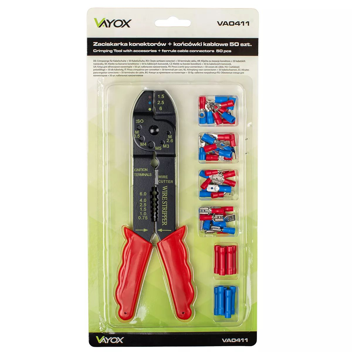 Verpackte Cripzange mit roten Griffen und Kabelverbinder-Set.