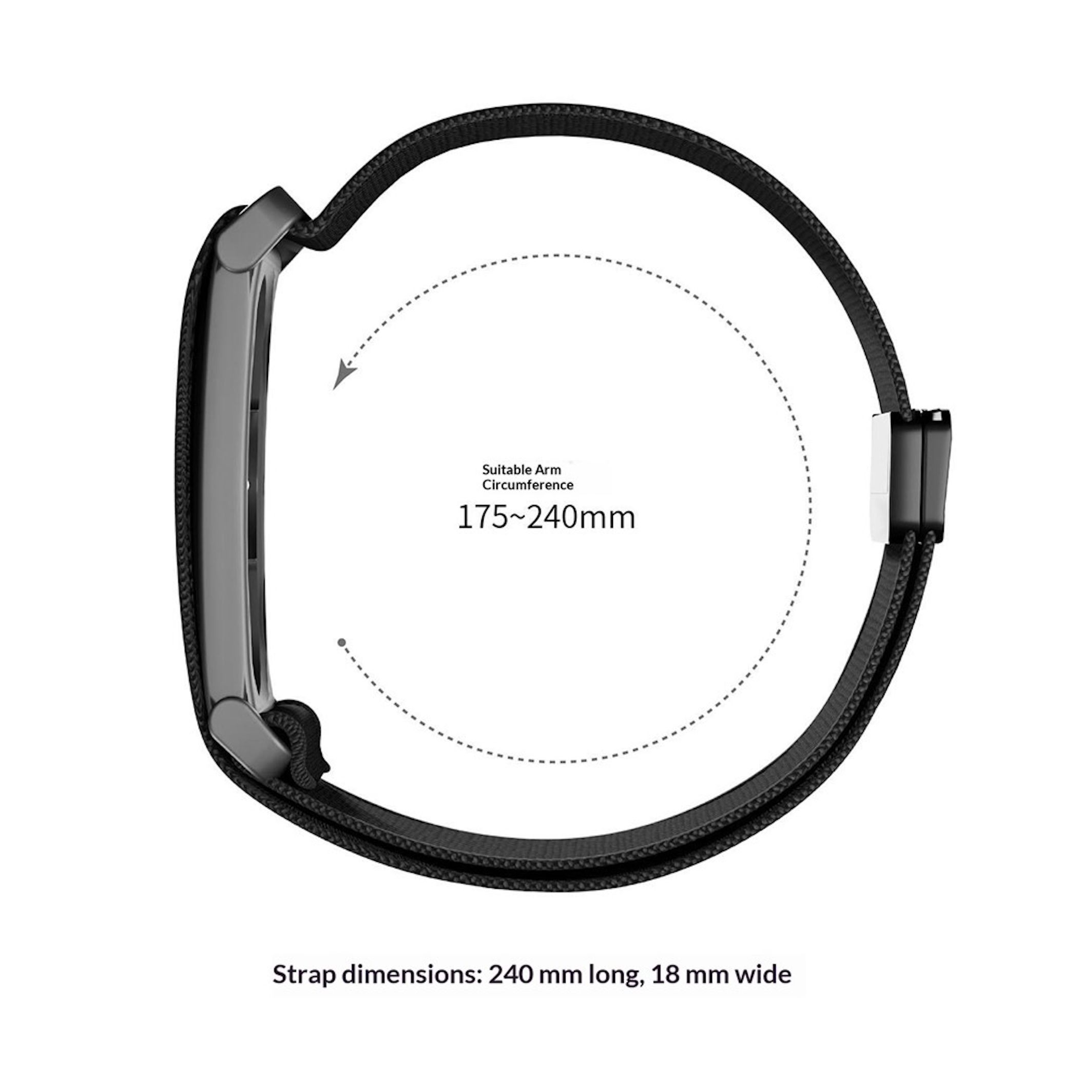 Cinturino per orologio nero con dimensioni e circonferenza braccio di 175-240mm.