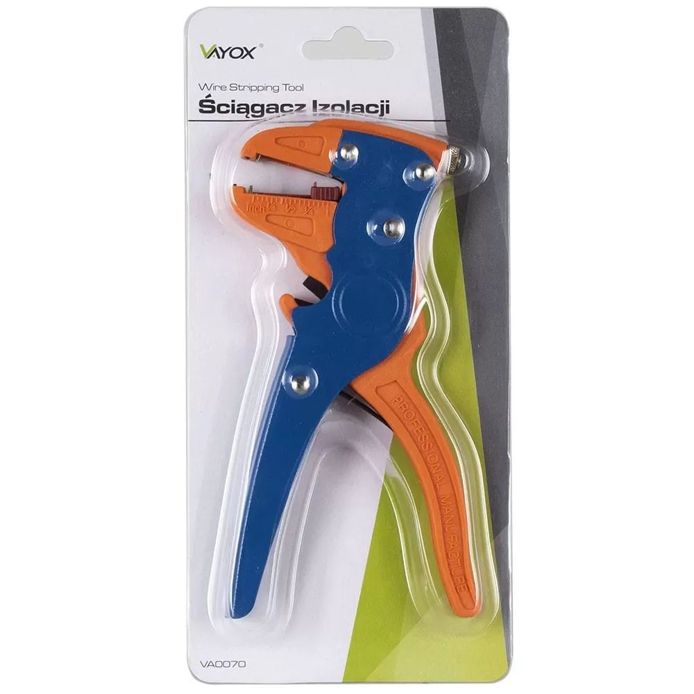 Blaues und oranges Vayox Abisolierwerkzeug in Blisterverpackung.