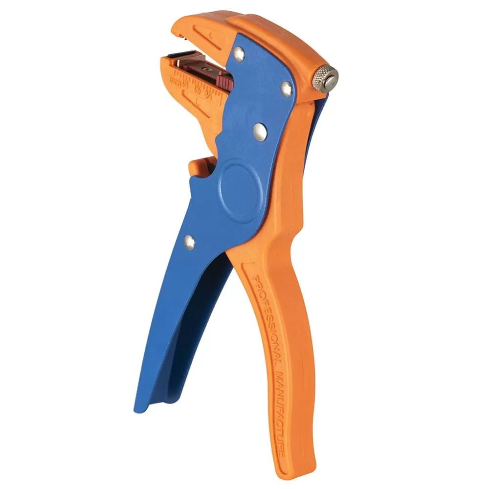 Oranger und blauer automatischer Drahtabisolierer mit ergonomischen Griffen vor weißem Hintergrund.