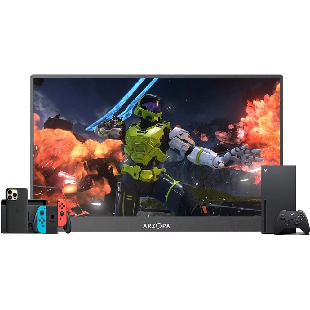 Taşınabilir bir monitör, akıllı telefon, konsol ve bir Xbox ile çevrelenmiş bir video oyununu gösterir.
