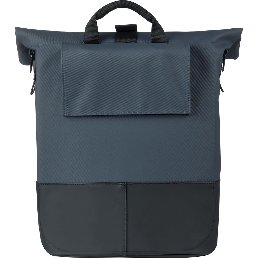 Dunkelgrauer Rucksack mit Rolltop, schwarzer Fronttasche, Tragegriffen und verstärktem schwarzen Boden.