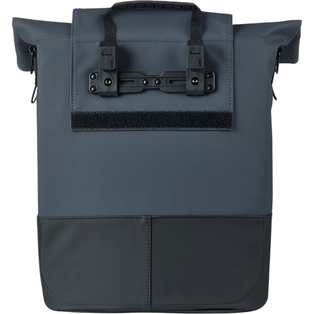 Dunkelgraue Fahrradtasche mit schwarzem Boden und MIK-Halterung.