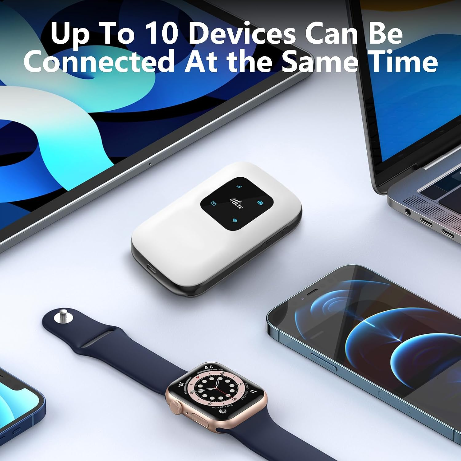 Ein weißes 4G-LTE-Hotspot-Gerät, umgeben von Tablet, Laptop, Smartphone und Smartwatch.