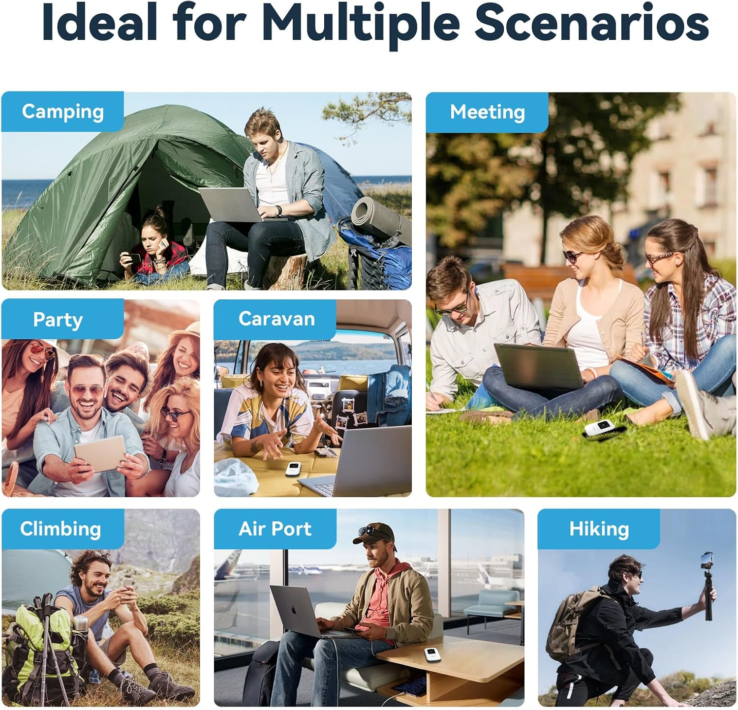 Eine Collage zeigt Menschen bei der Nutzung von Technologie beim Camping, bei Meetings, Partys und beim Wandern.