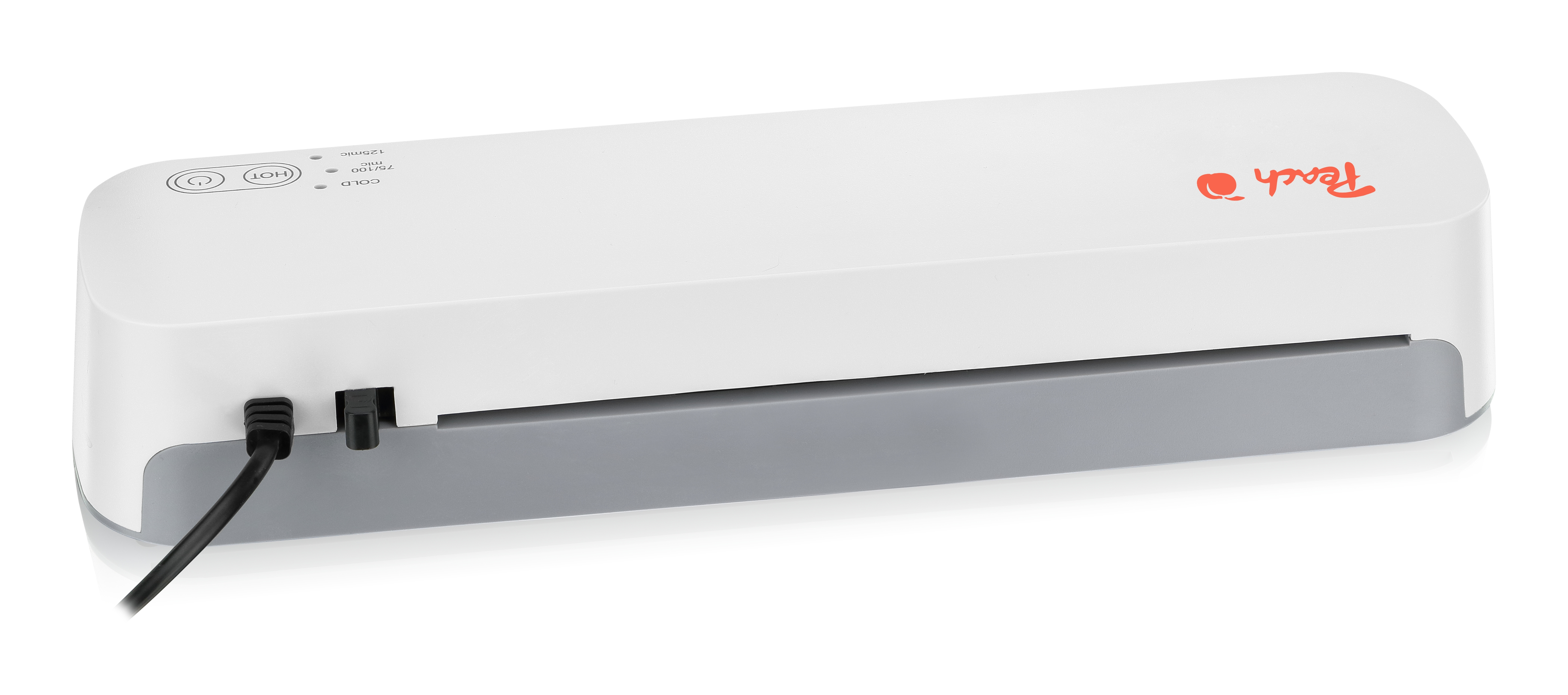 Ein weiß-graues Laminiergerät mit rotem Logo, Stromkabel und Bedienknöpfen auf weißem Hintergrund.