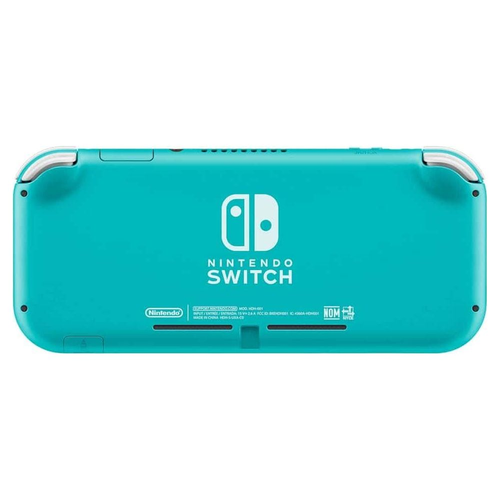 Retro di una console Nintendo Switch Lite turchese con logo e testo bianchi su sfondo bianco.