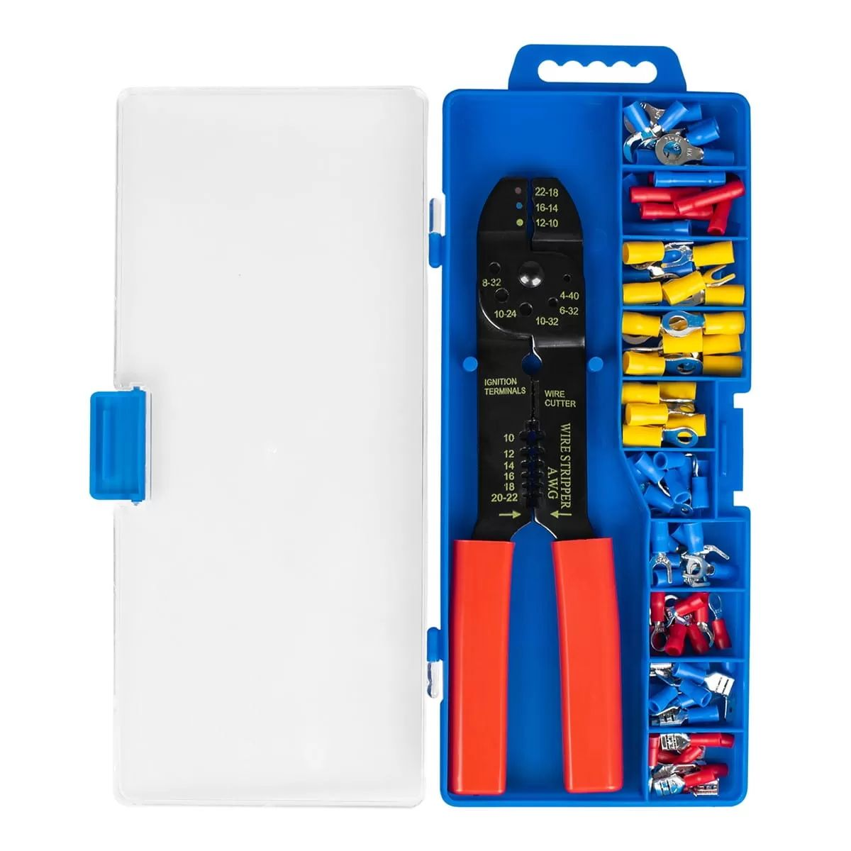 Blaue Werkzeugkasten mit Crimpzange und bunten Kabelverbindern.