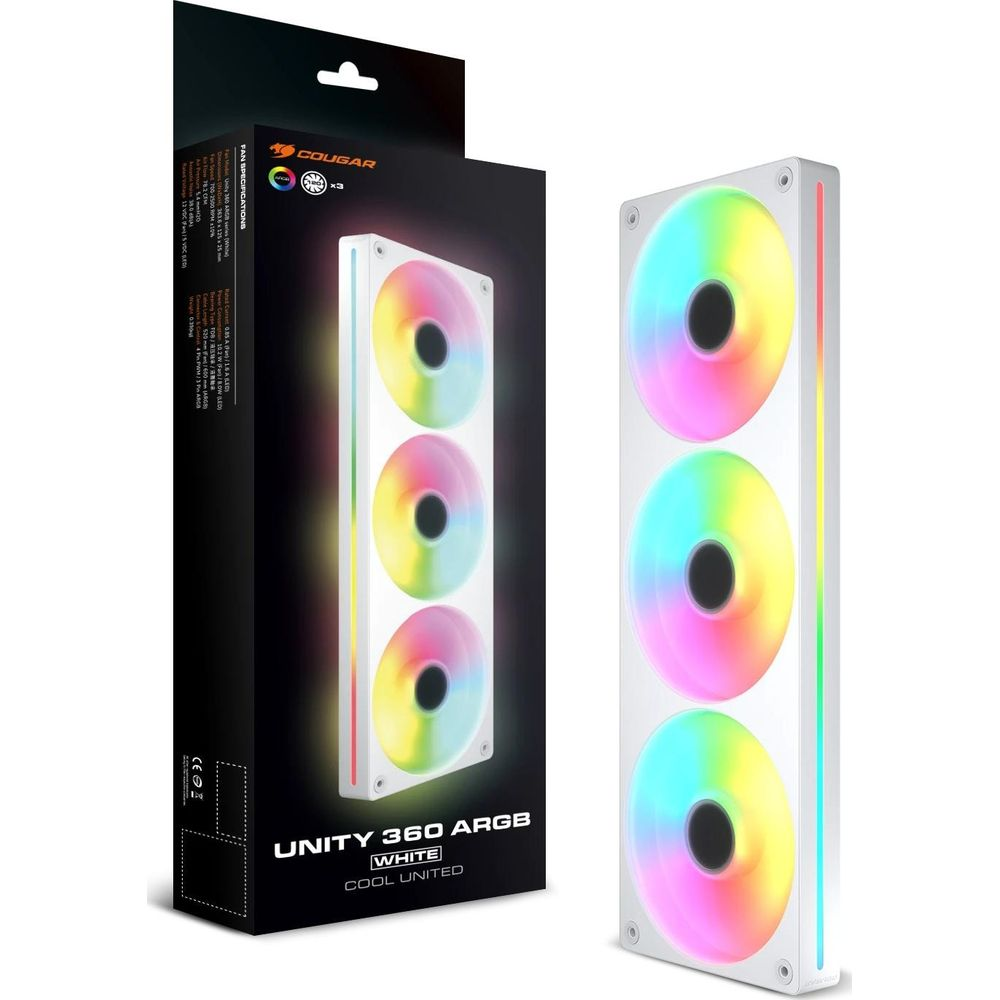 Ein weißer Cougar Unity 360 ARGB Lüfter vor seiner Verpackung mit Regenbogenbeleuchtung.