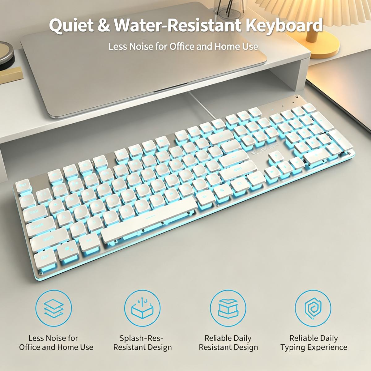Ein weißer, beleuchteter Tastatur auf einem Schreibtisch mit Text darüber und vier blauen Symbolen unten.