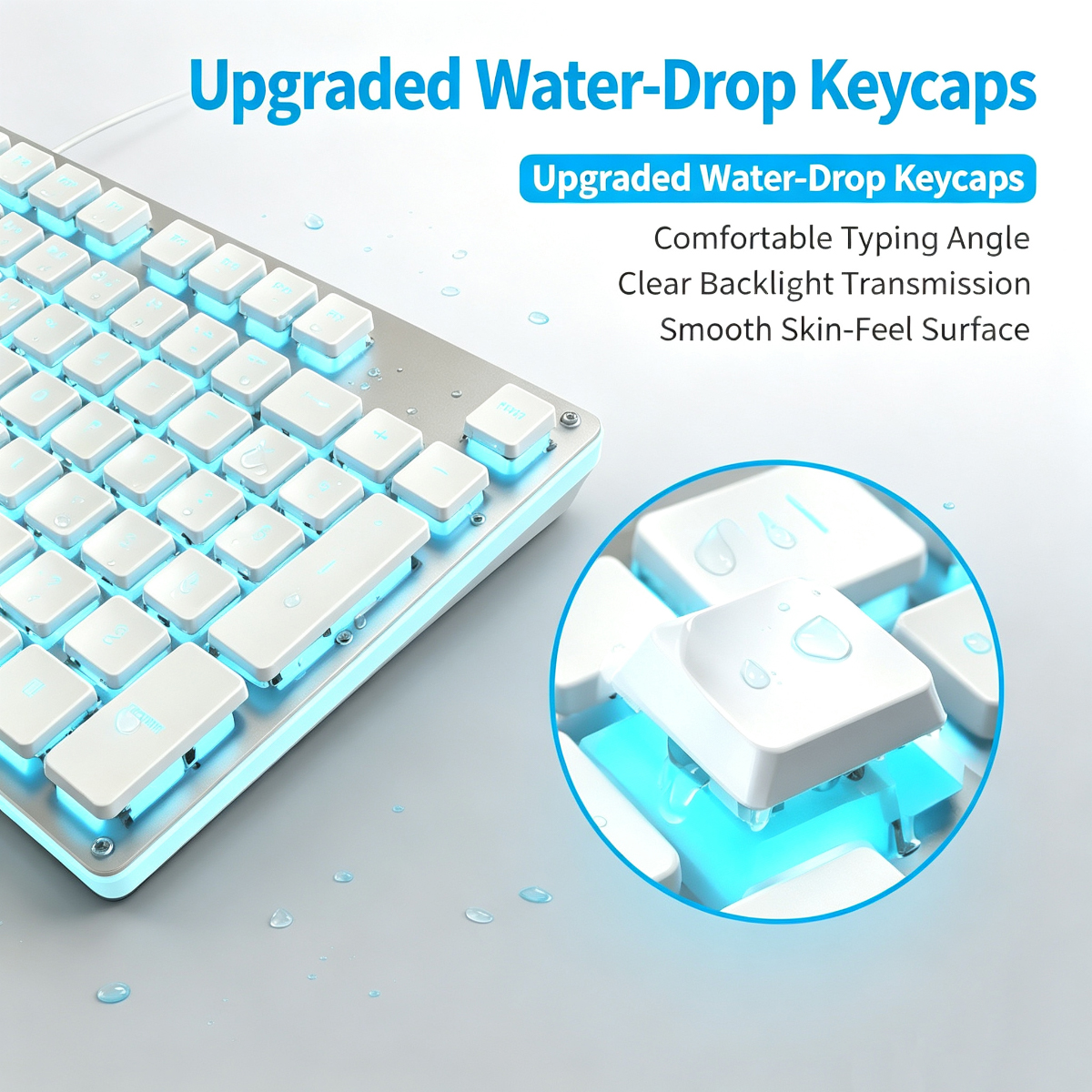Weiße Tastatur mit blauer Hintergrundbeleuchtung und Wassertropfen auf den Tasten.