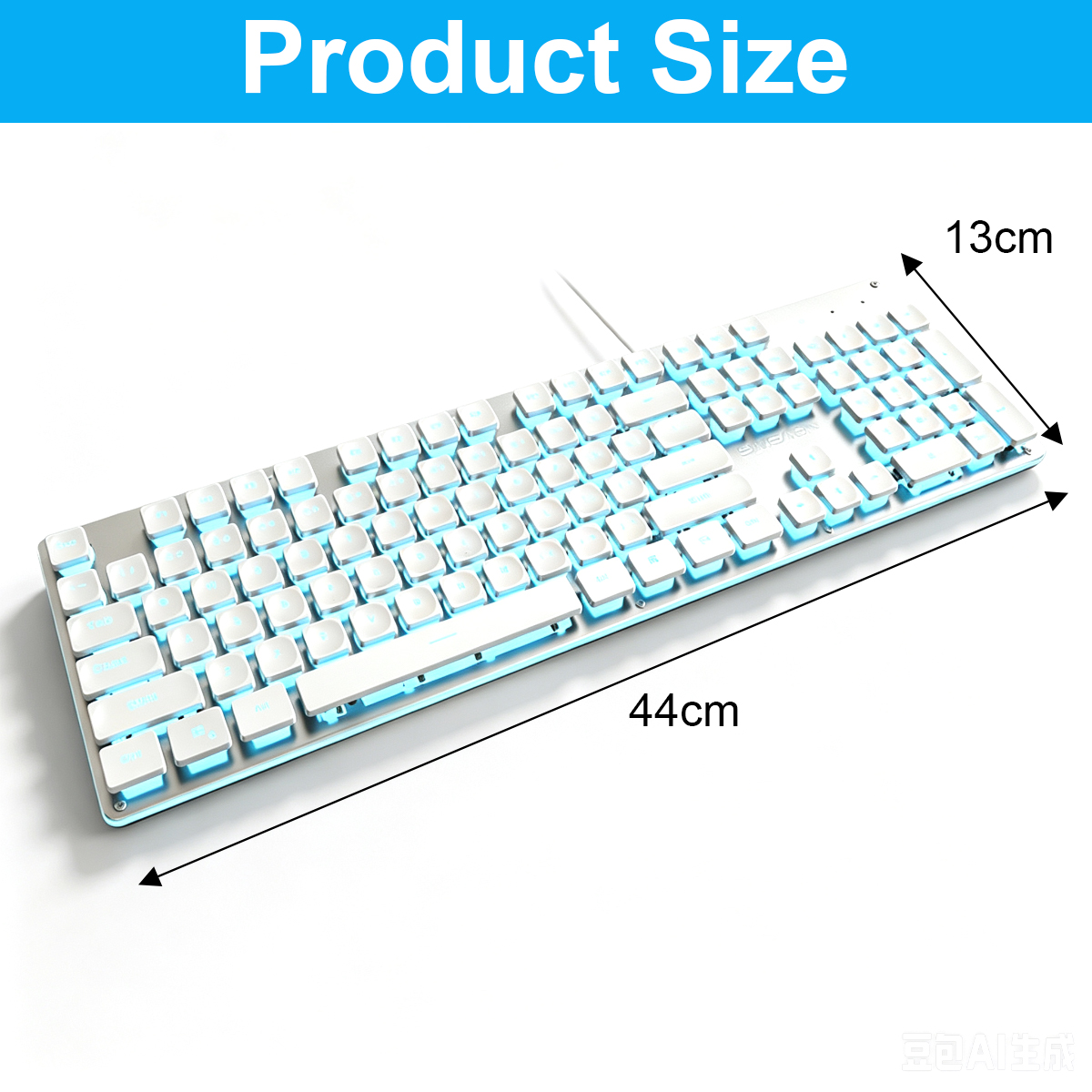 Weiße mechanische Tastatur mit blauer Hintergrundbeleuchtung, 44cm lang und 13cm breit.