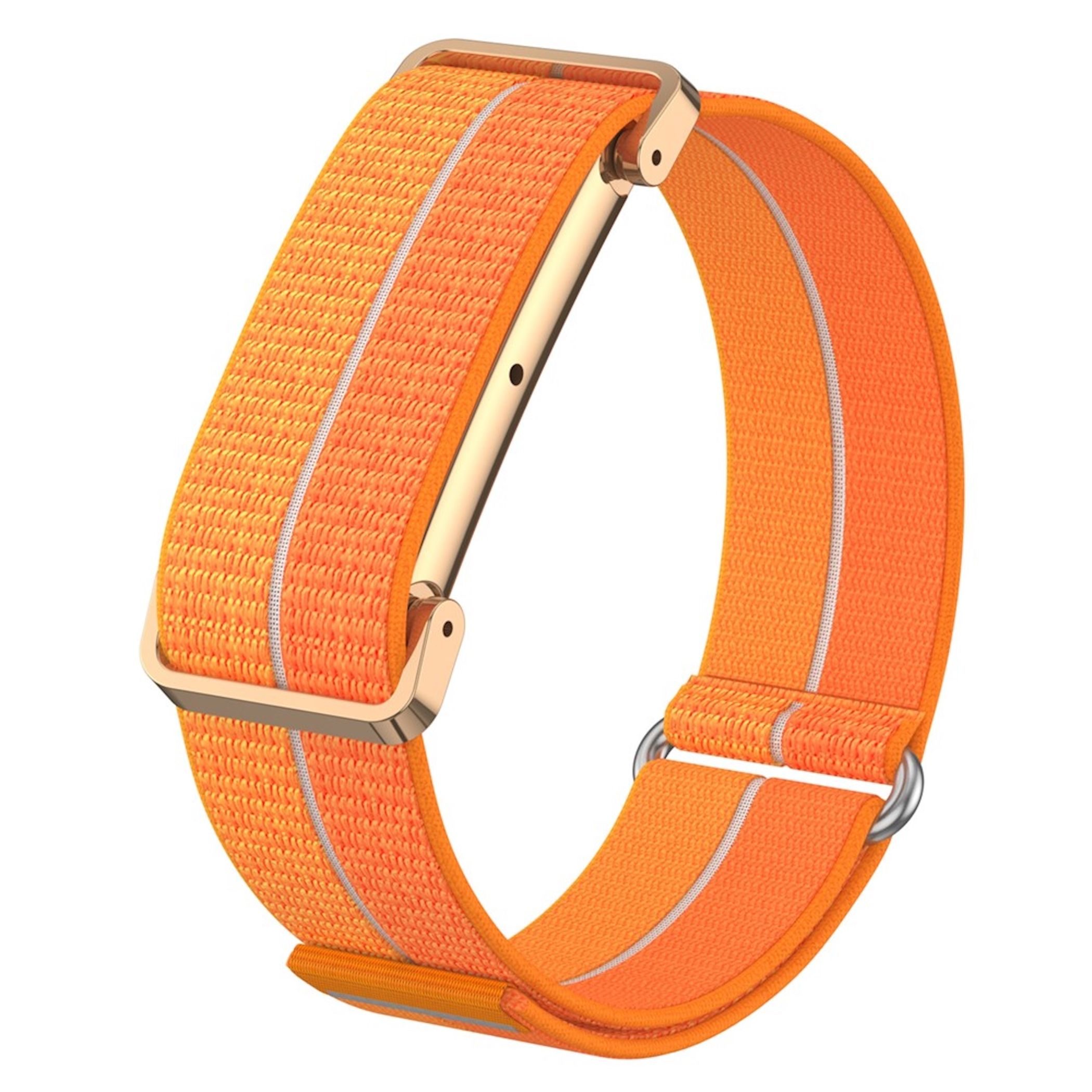 Un cinturino per orologio in nylon arancione vivace con fibbia in metallo dorato e accenti bianchi su sfondo bianco.