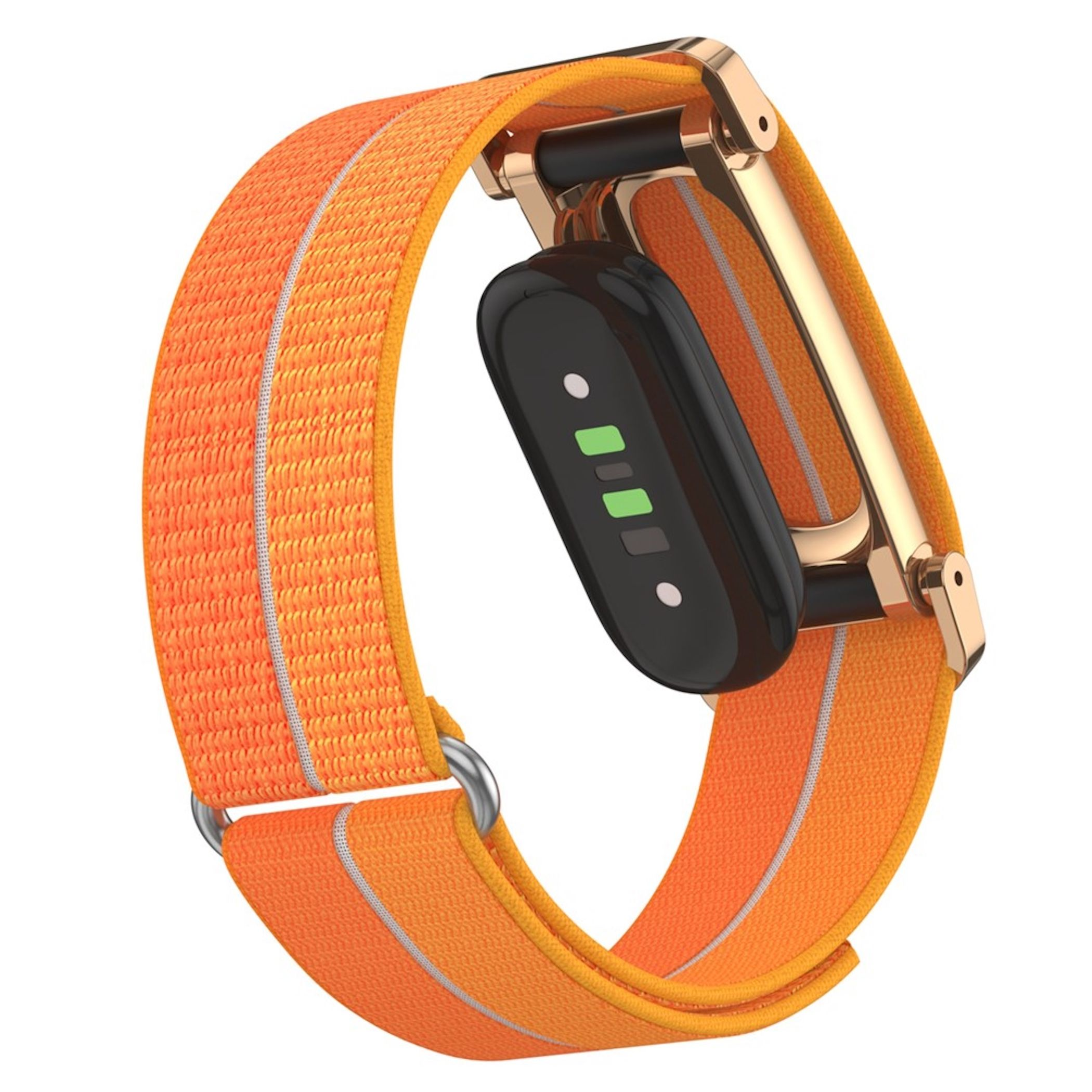 Retro di un orologio fitness con cinturino in tessuto arancione e sensori su sfondo bianco.